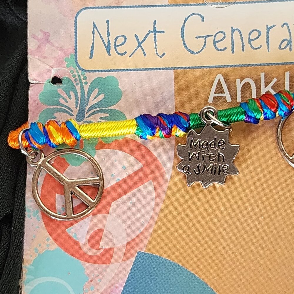 Novelty Inc Next Generation Silver Tone Peace Sun Symbols on Yarn Ankle Bracelet - Picture 11 of 16